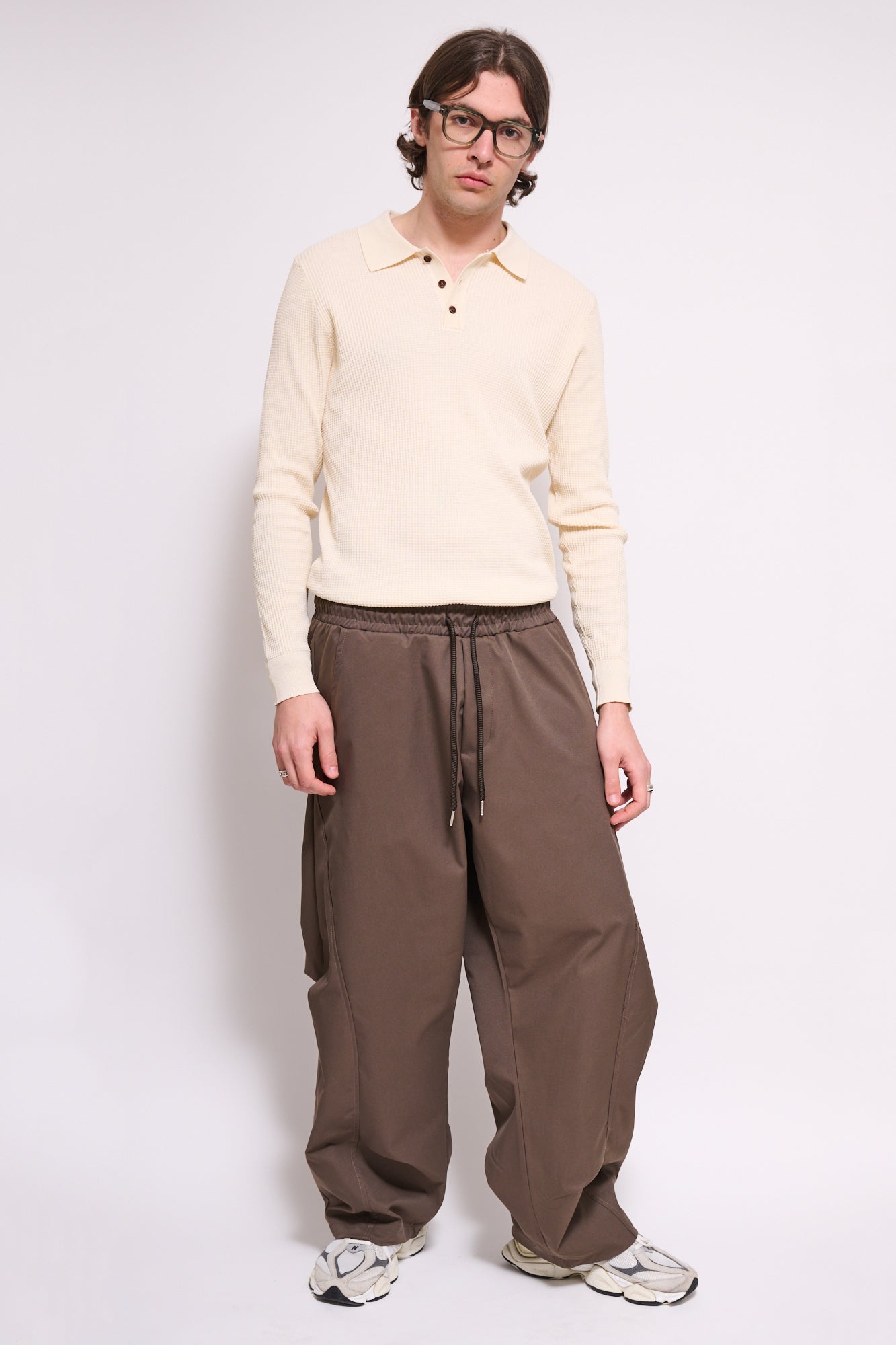 BRAIN Polo Texture Waffle Manica Lunga Con Bottoni Beige