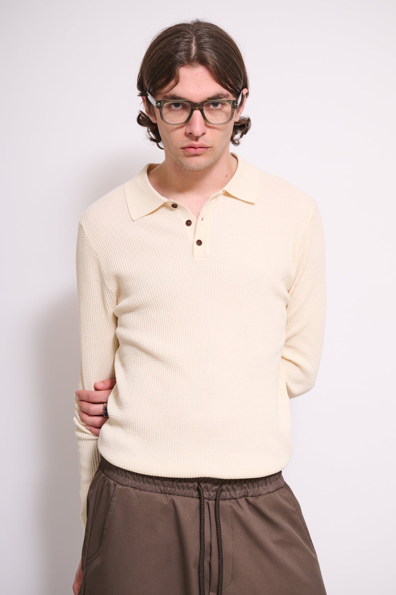 BRAIN Polo Texture Waffle Manica Lunga Con Bottoni Beige