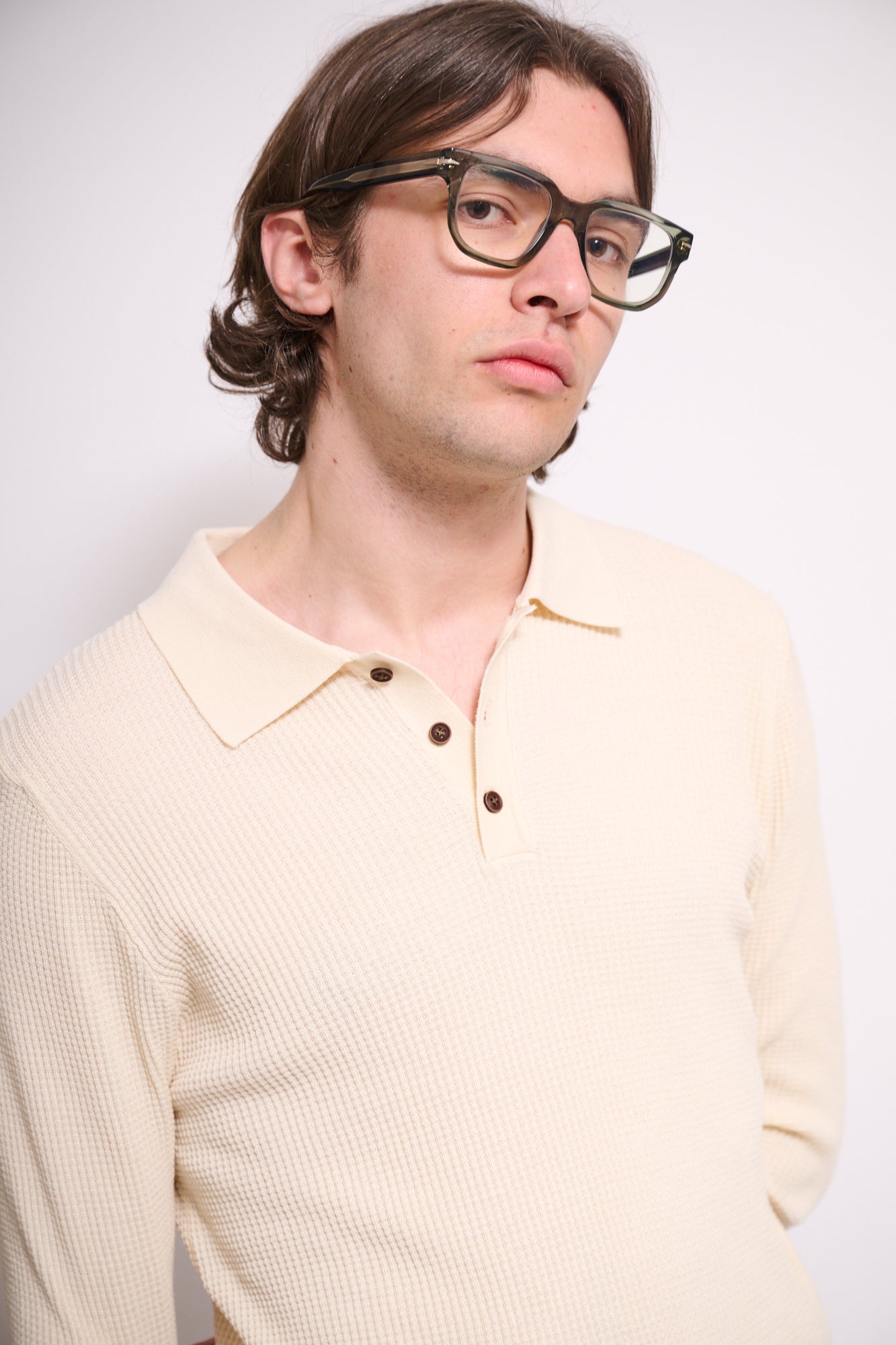 BRAIN Polo Texture Waffle Manica Lunga Con Bottoni Beige