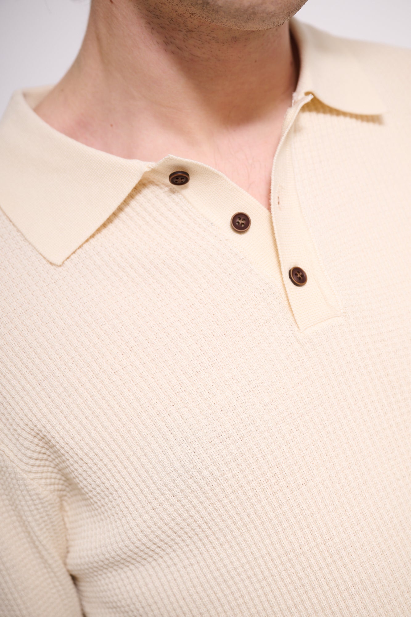 BRAIN Polo Texture Waffle Manica Lunga Con Bottoni Beige