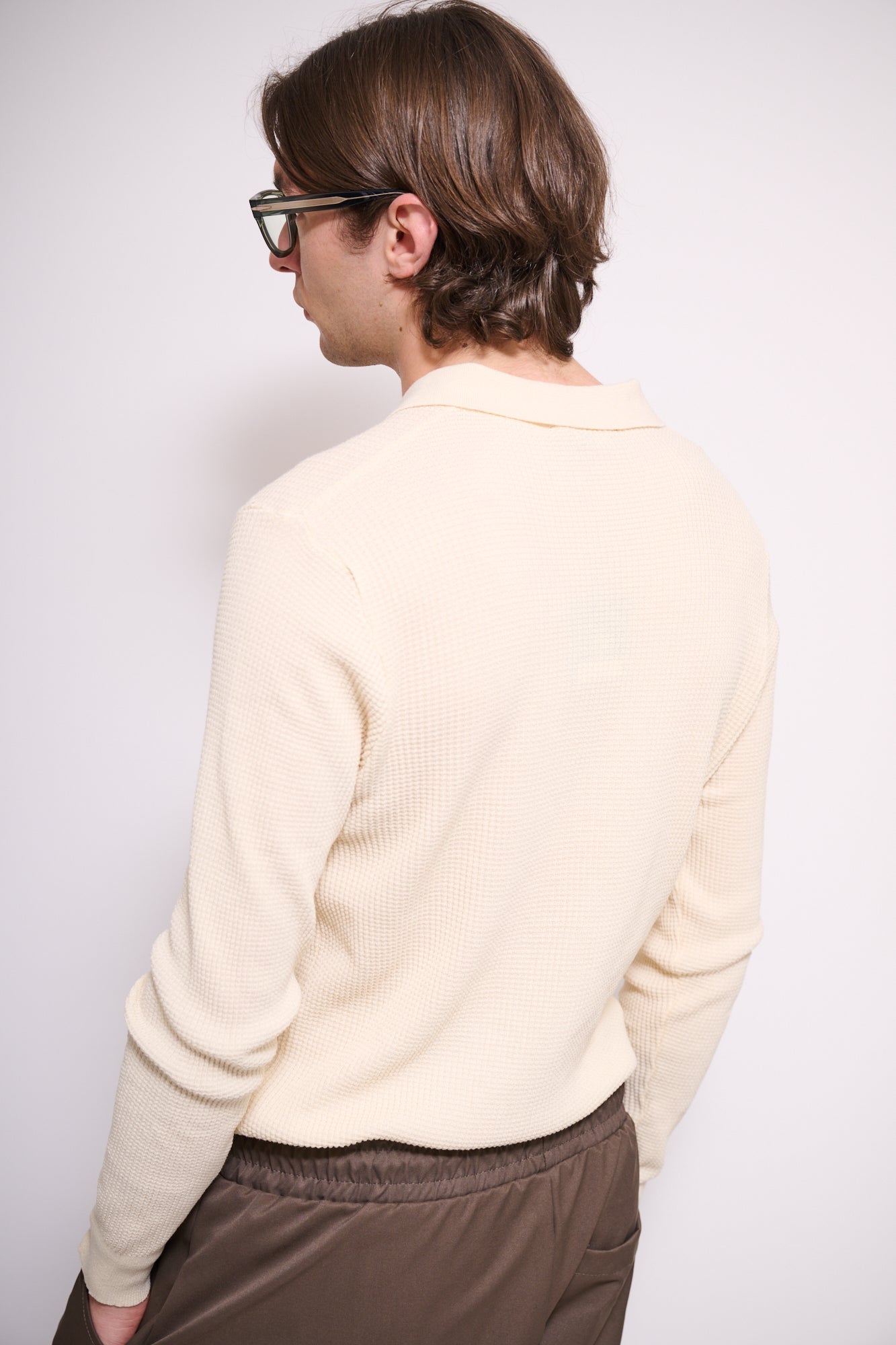 BRAIN Polo Texture Waffle Manica Lunga Con Bottoni Beige