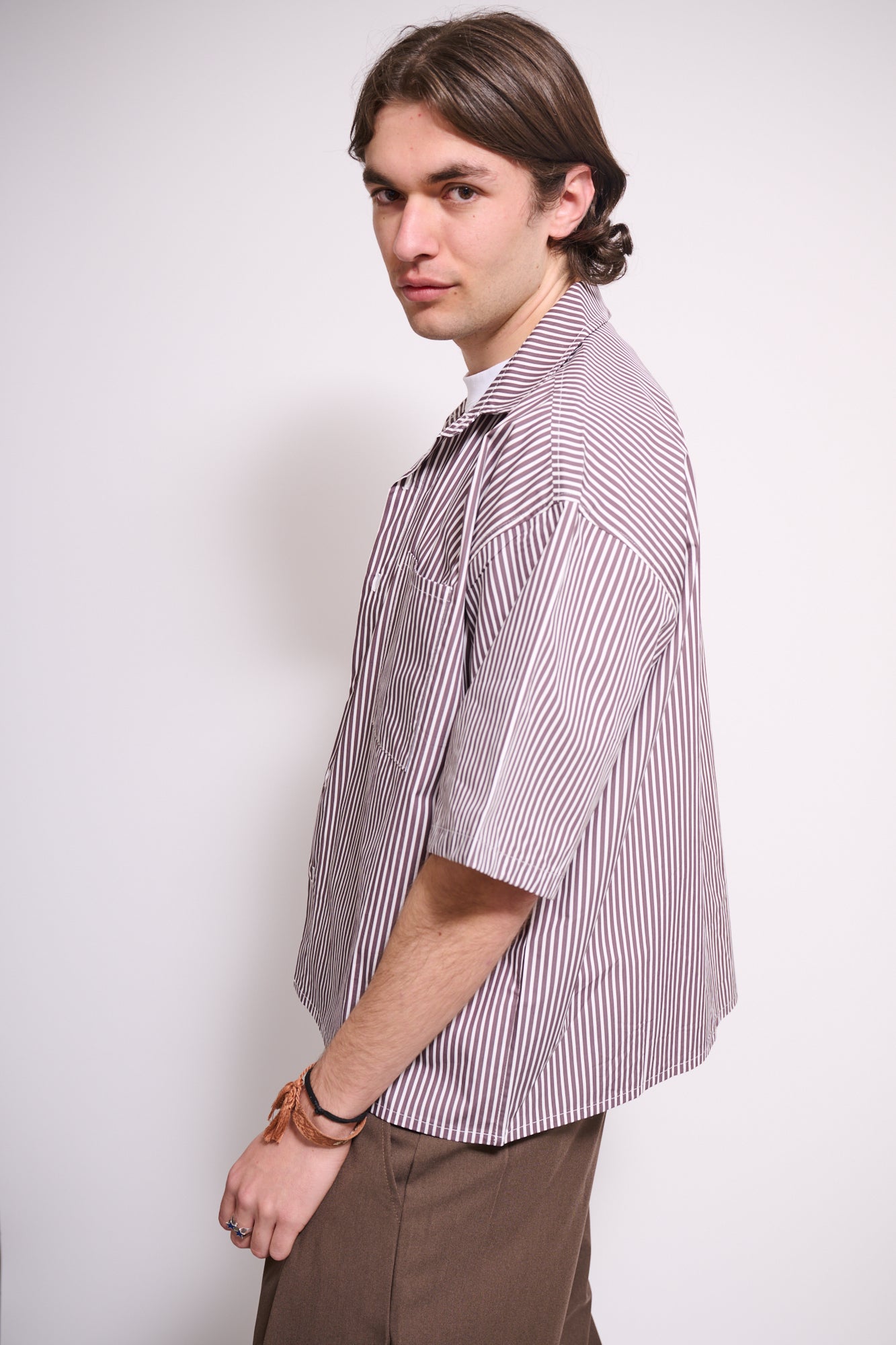 BRAIN Camicia Boxy Fit Rigata M/M Marrone