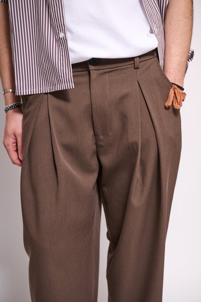 BRAIN Pantalone Baggy Fit Con Pince Tailored Marrone