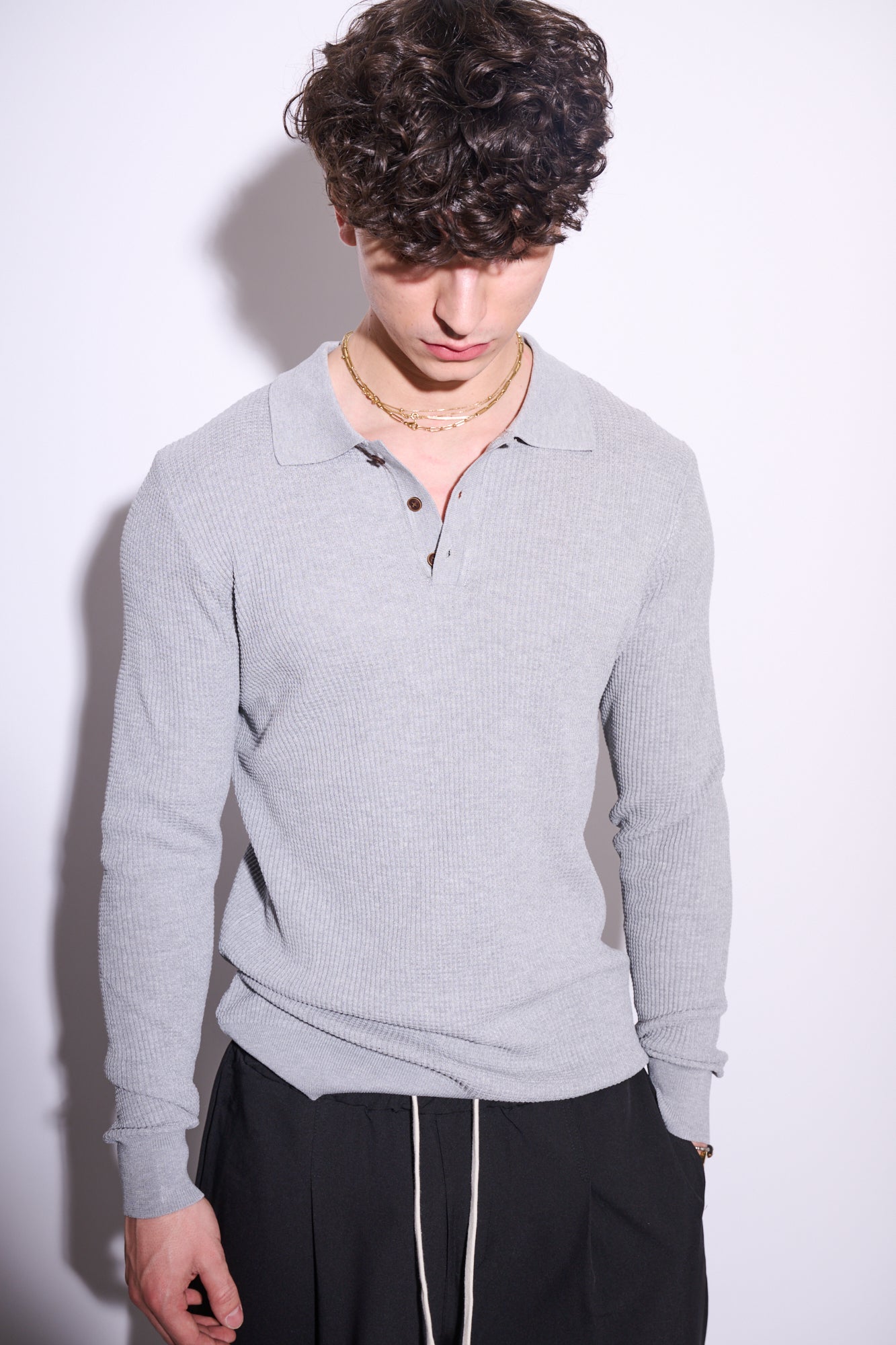 BRAIN Polo Texture Waffle Manica Lunga Con Bottoni Grigia