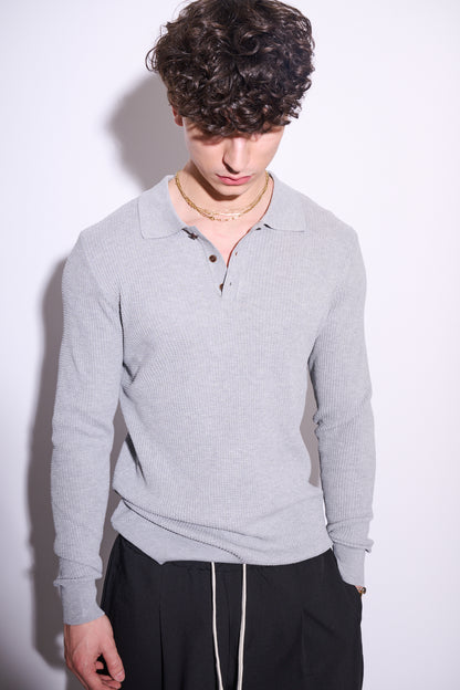 BRAIN Polo Texture Waffle Manica Lunga Con Bottoni Grigia