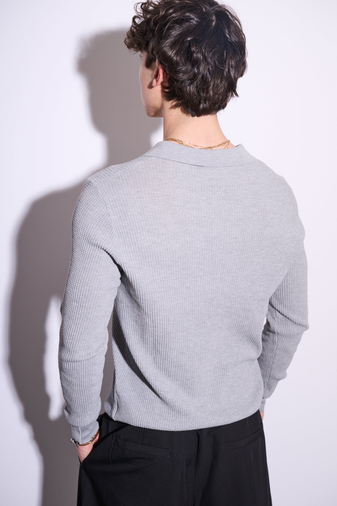 BRAIN Polo Texture Waffle Manica Lunga Con Bottoni Grigia